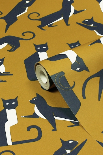 furn. Yellow Geo Cat Printed Wallpaper Wallpaper