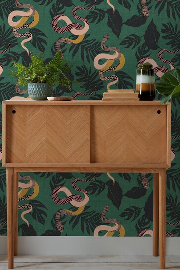 Buy Furn Juniper Green Serpentine Geometric Snake Wallpaper from the