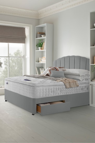 Silentnight Grey Mirapocket 2800 Memory Pillow Top Mattress and 2 Drawer Velvet Divan Base Bed Set