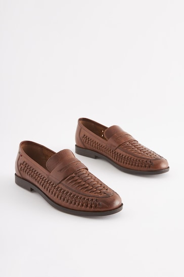 Joules Tan Brown Leather Weave Loafers