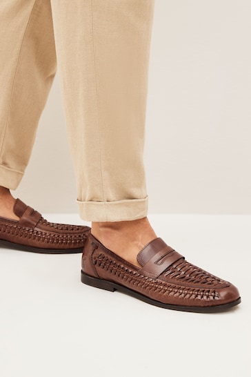 Joules Tan Brown Leather Weave Loafers