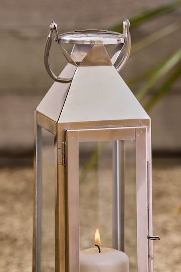 Silver Medium Metal And Glass Lantern