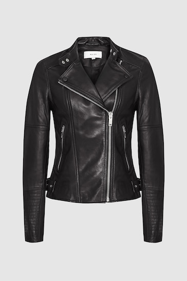 Reiss Black Tallis Leather Biker Jacket