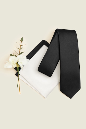 Black/White Slim Silk Tie And Pocket Square Set