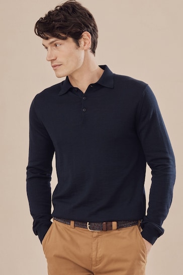 Oliver Sweeney Navy Blue Sulby Merino Wool Polo Shirt