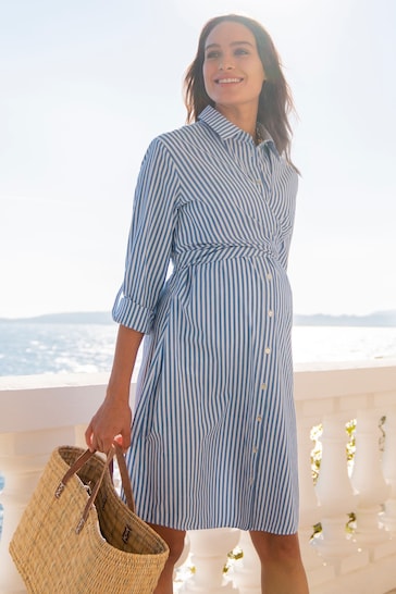 Seraphine Blue Stripe Cotton And Lyocell Maternity And Nursing Shirt Dress