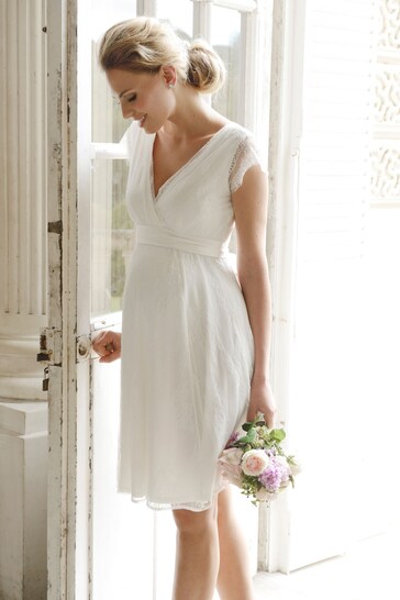 Seraphine White Short Lace V-Neck Maternity Wedding Dress