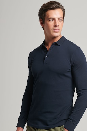 Superdry Blue Long Sleeve Pique Polo Shirt