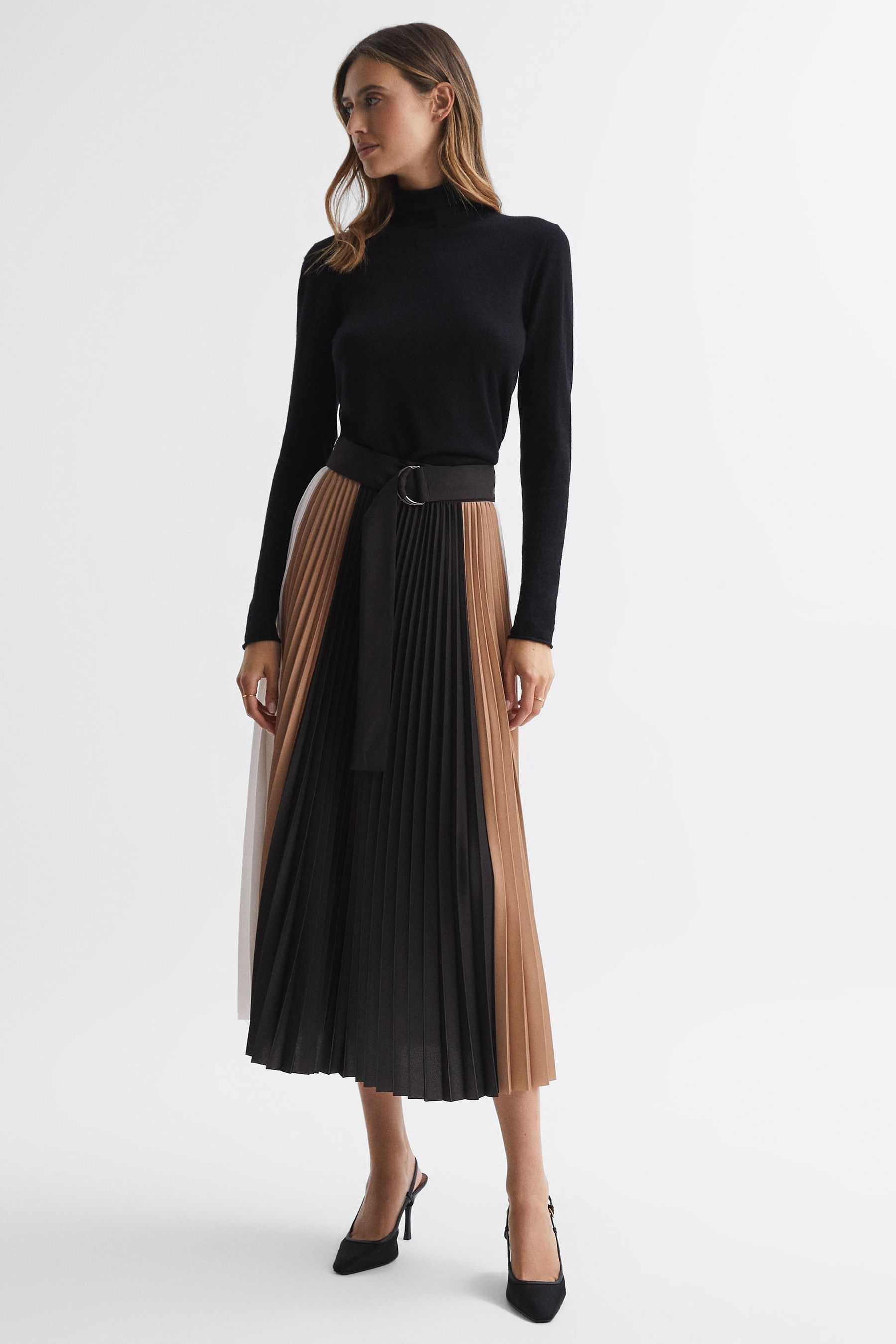 Buy Reiss Black Camel Ava Colourblock Pleated Midi Skirt from the Next UK online shop