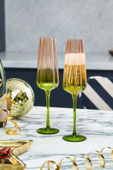 Rockett St George Green & Blush Pink Deco Flower Glass Set of 2 Flute Glasses