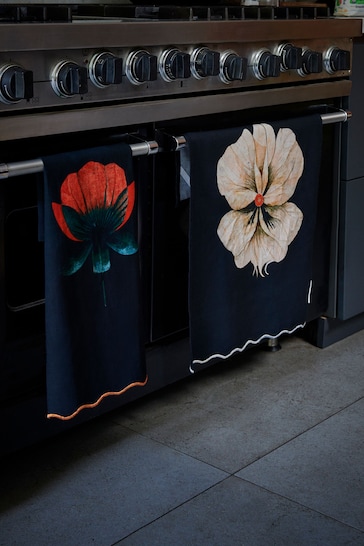 Rockett St George Set of 2 Black Floral Tea Towels