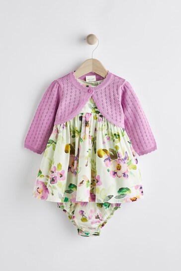 Lilac Purple Floral Baby Woven Prom Dress and Cardigan (0mths-2yrs)