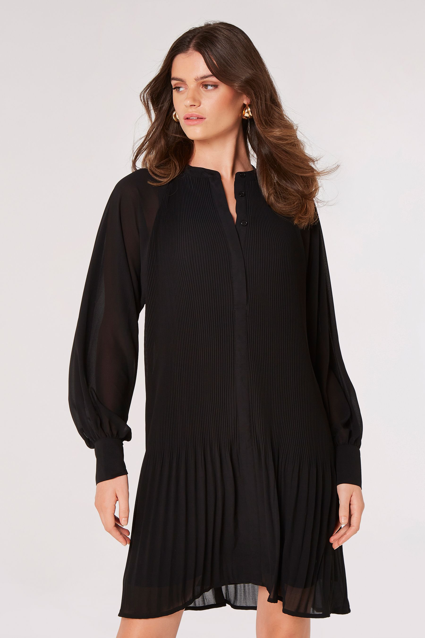 Buy Apricot Black Cream Plisse Long Sleeve Chiffon Dress from the