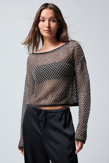 Black Metallic Mesh Open Stitch Cropped Knitted Top
