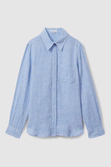 Reiss Blue Campbell Linen Long Sleeve Shirt
