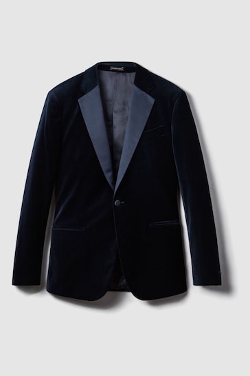 Reiss Navy Ace Modern Fit Velvet Single Breasted Tuxedo Jacket