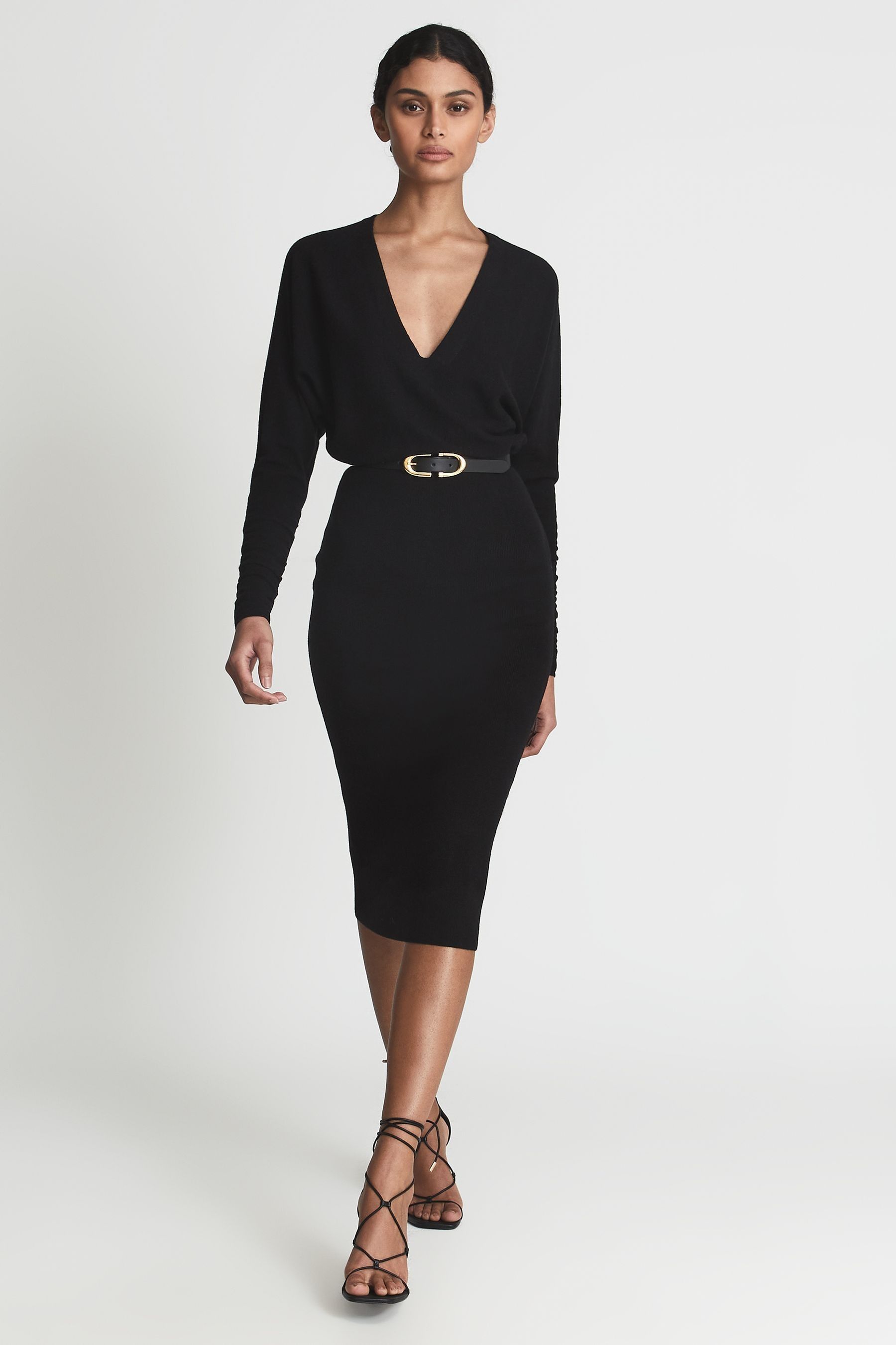 Buy Reiss Black Jenna Wool Blend Ruched Sleeve Midi Dress from the Next UK online shop