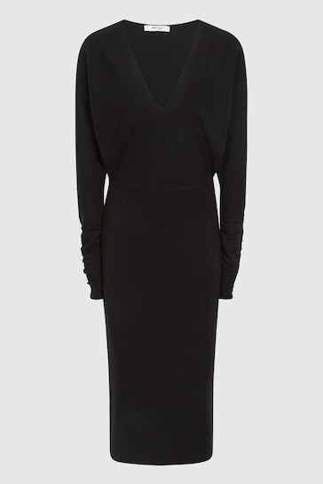 Reiss Black Jenna Wool Blend Ruched Sleeve Midi Dress