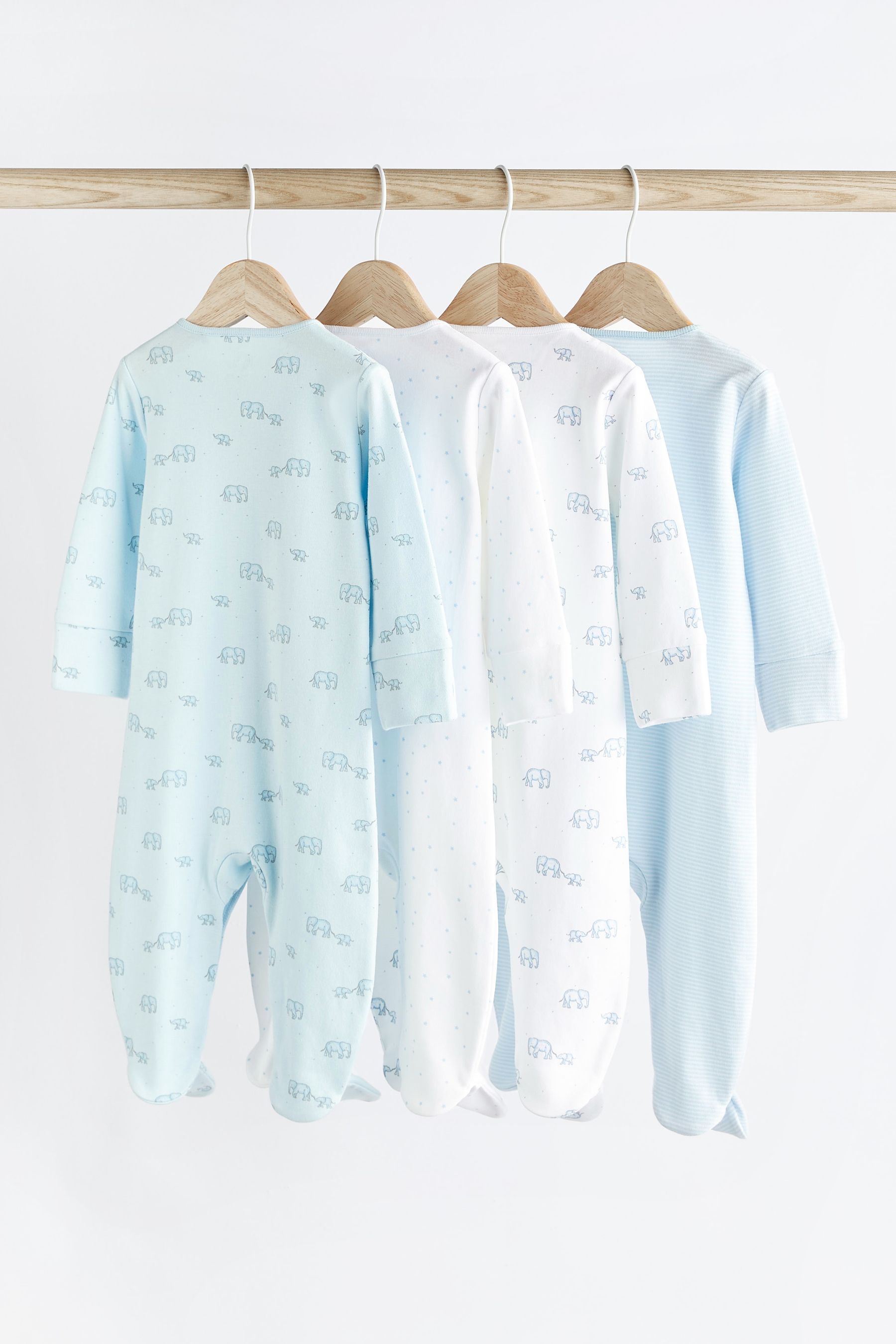 Pale Blue 4 Pack Elephant Baby Sleepsuits 0 2yrs