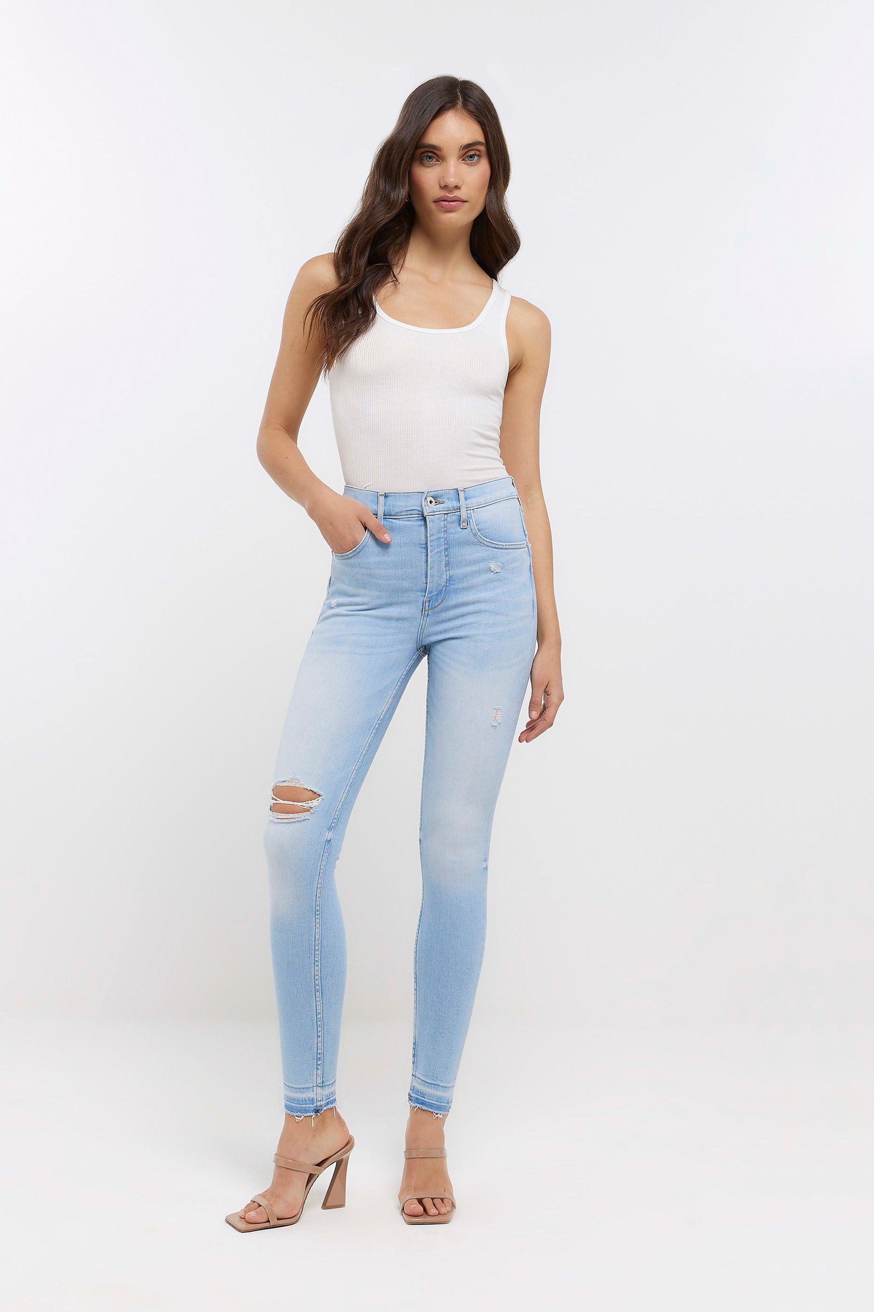 Buy River Island Blue High Rise Tummy Hold Ripped Skinny Jeans