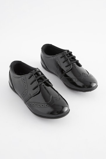 Black Patent Wide Fit (G) School Leather Lace-Up Brogues