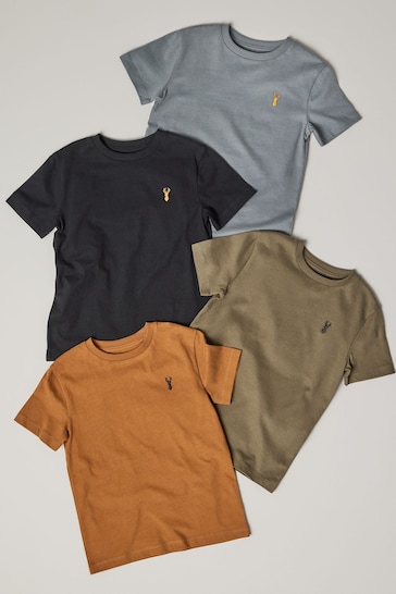 Grey/Black/Khaki Green/Tan Brown Short Sleeve Stag Embroidered T-Shirts 4 Pack (3-16yrs)