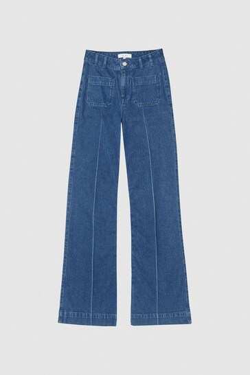 Reiss Mid Blue Isa High Rise Flared Jeans