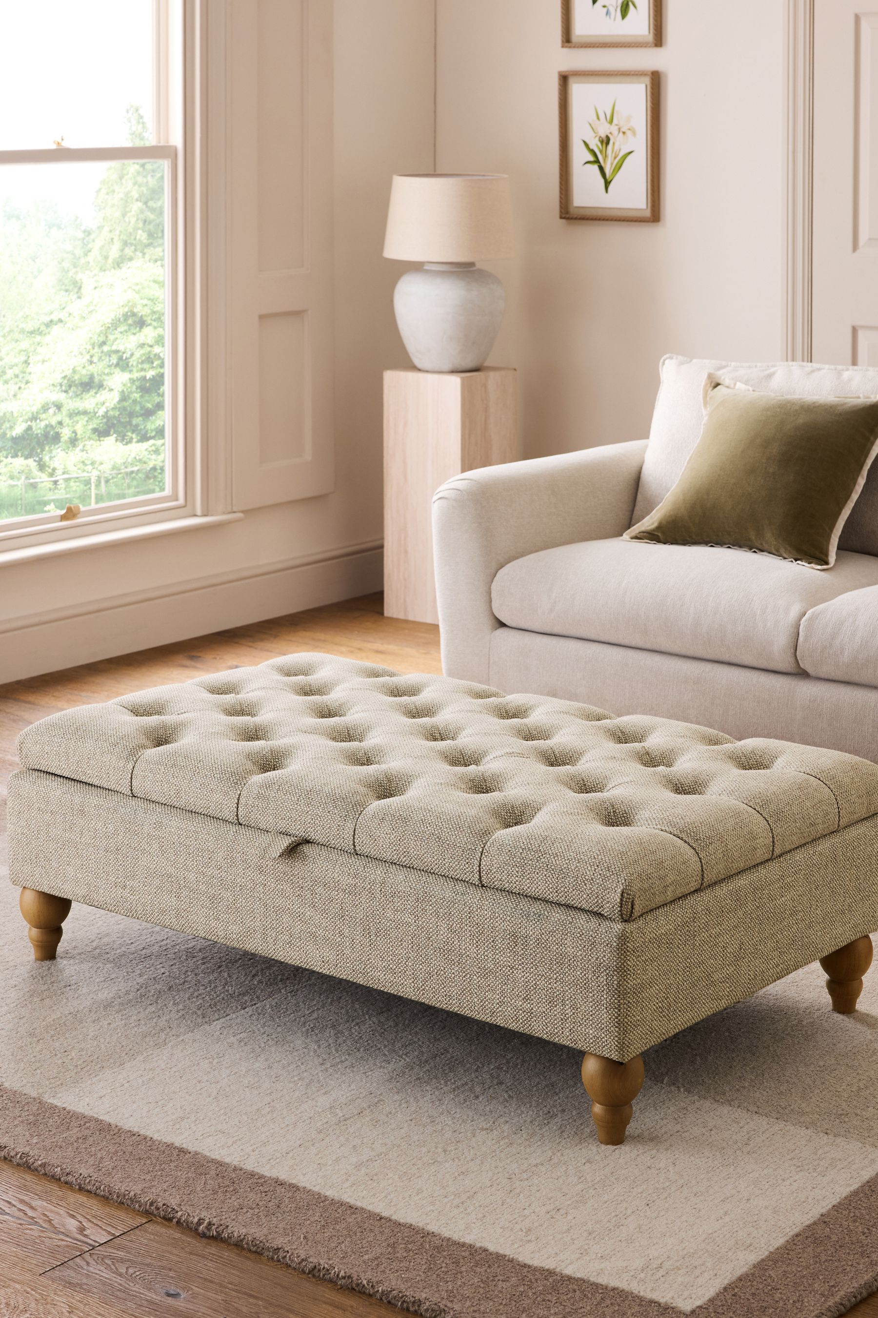 Buy Buttoned Tweedy Plain Light Natural Albury Large with Storage Footstool from the Next UK