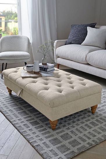 Buttoned Tweedy Plain Light Natural Albury Large with Storage Footstool