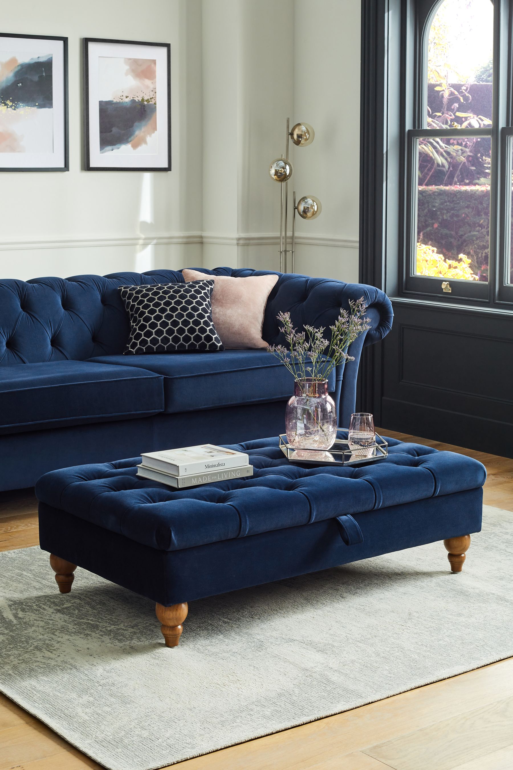 Buy Buttoned Soft Velvet Navy Blue Large with Storage Stools