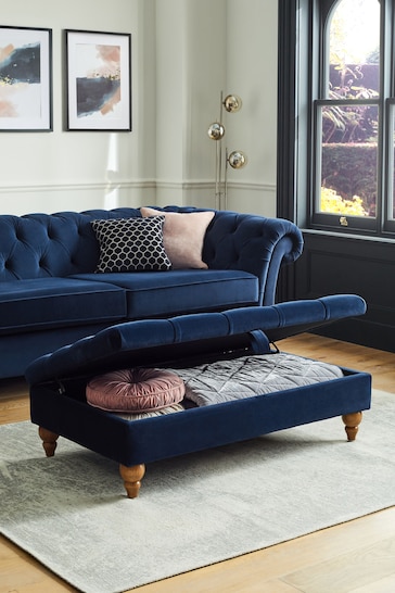 Buttoned Soft Velvet Navy Blue Albury Large with Storage Footstool