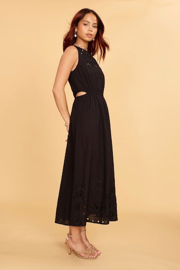 Another Sunday Midi Dress With Broderie Cut-Out In Black