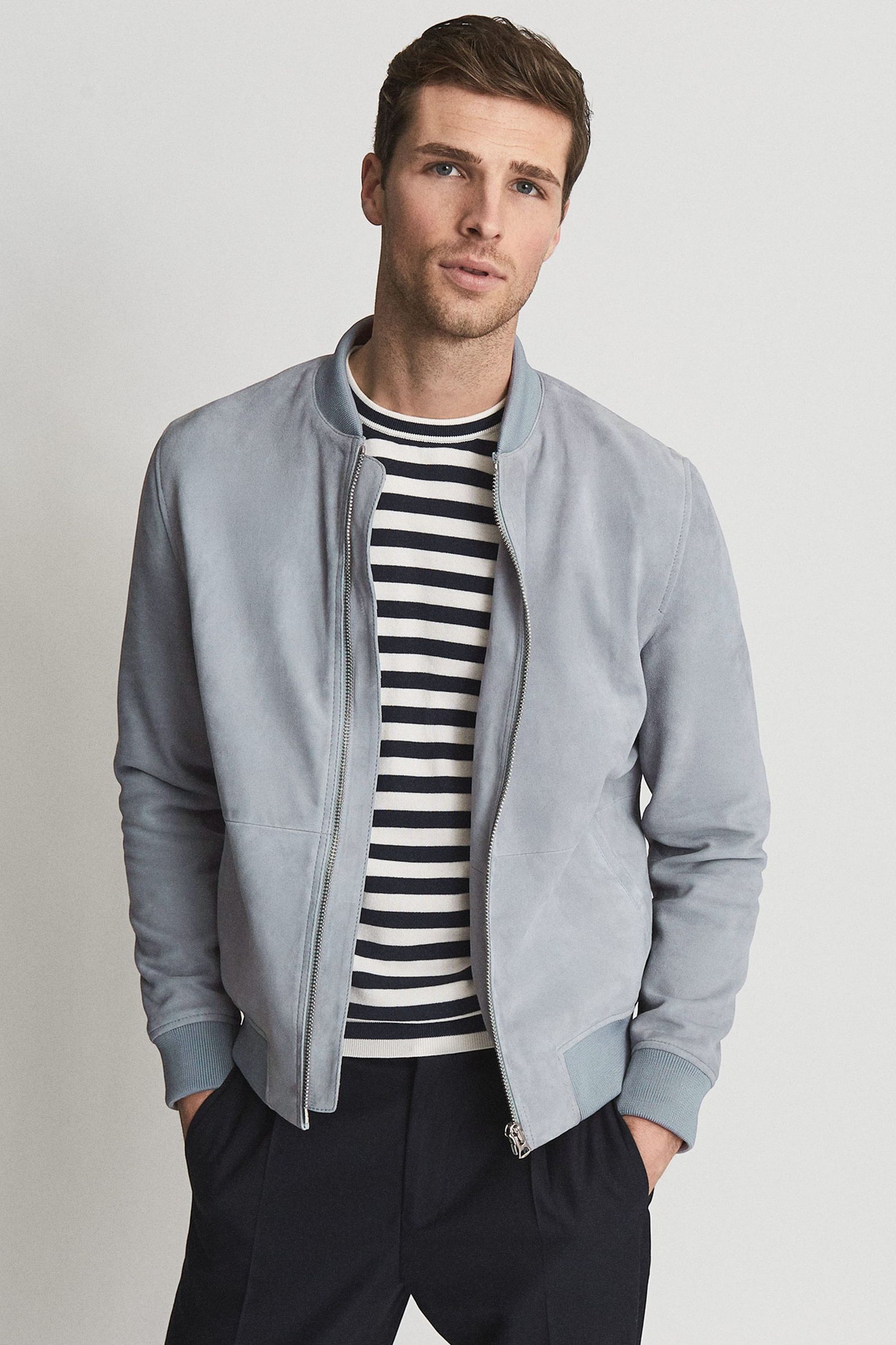 Buy Reiss Soft Blue Dilan Suede Zip Through Bomber Jacket from the