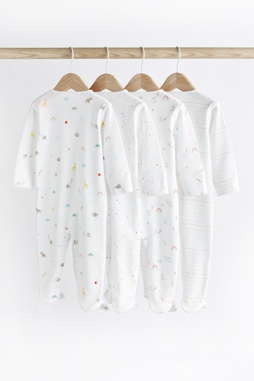 White Bright Animal 4 Pack Baby Printed Long Sleeve Sleepsuits (0-2yrs)