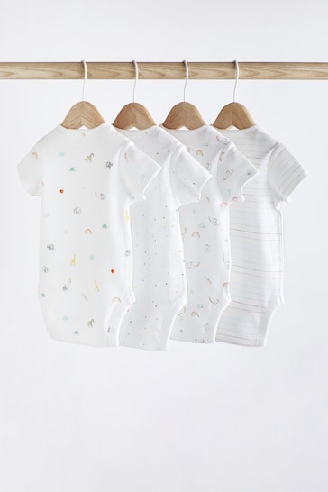 White Bright Animal 4 Pack Baby Printed Short Sleeve Bodysuits