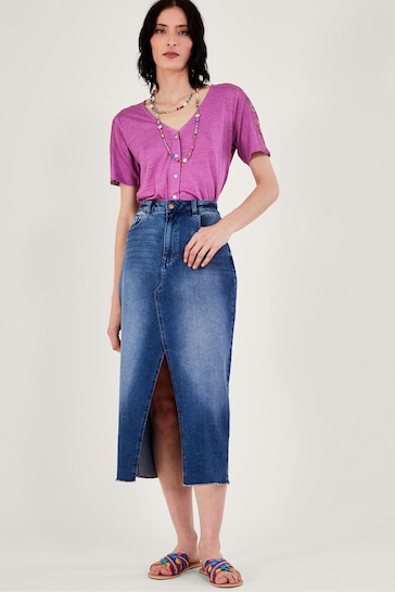 Monsoon Purple Button Through Lace Linen T-Shirt