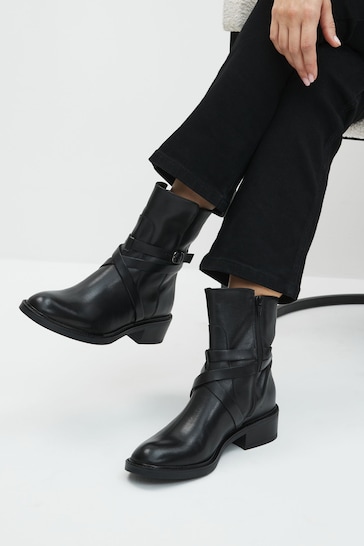 Black Signature Leather Strap Detail Ankle Boots