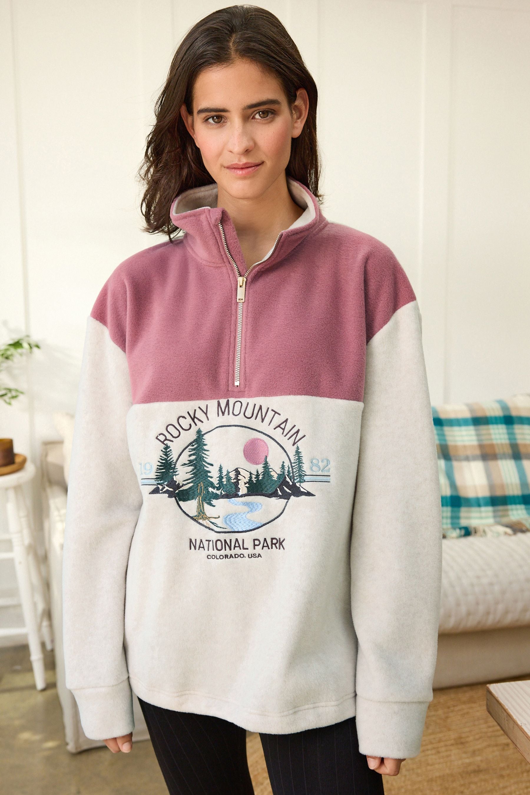 Pink Ecru Half Zip Fleece Top