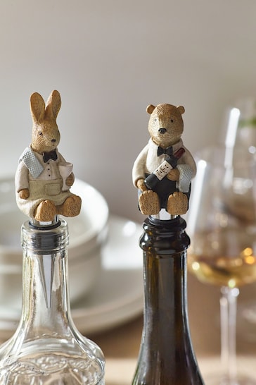 Set of 2 Natural Bunny and Bear Bottle Stoppers