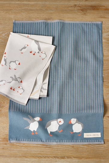Set of 2 Blue Puffin Tea Towels