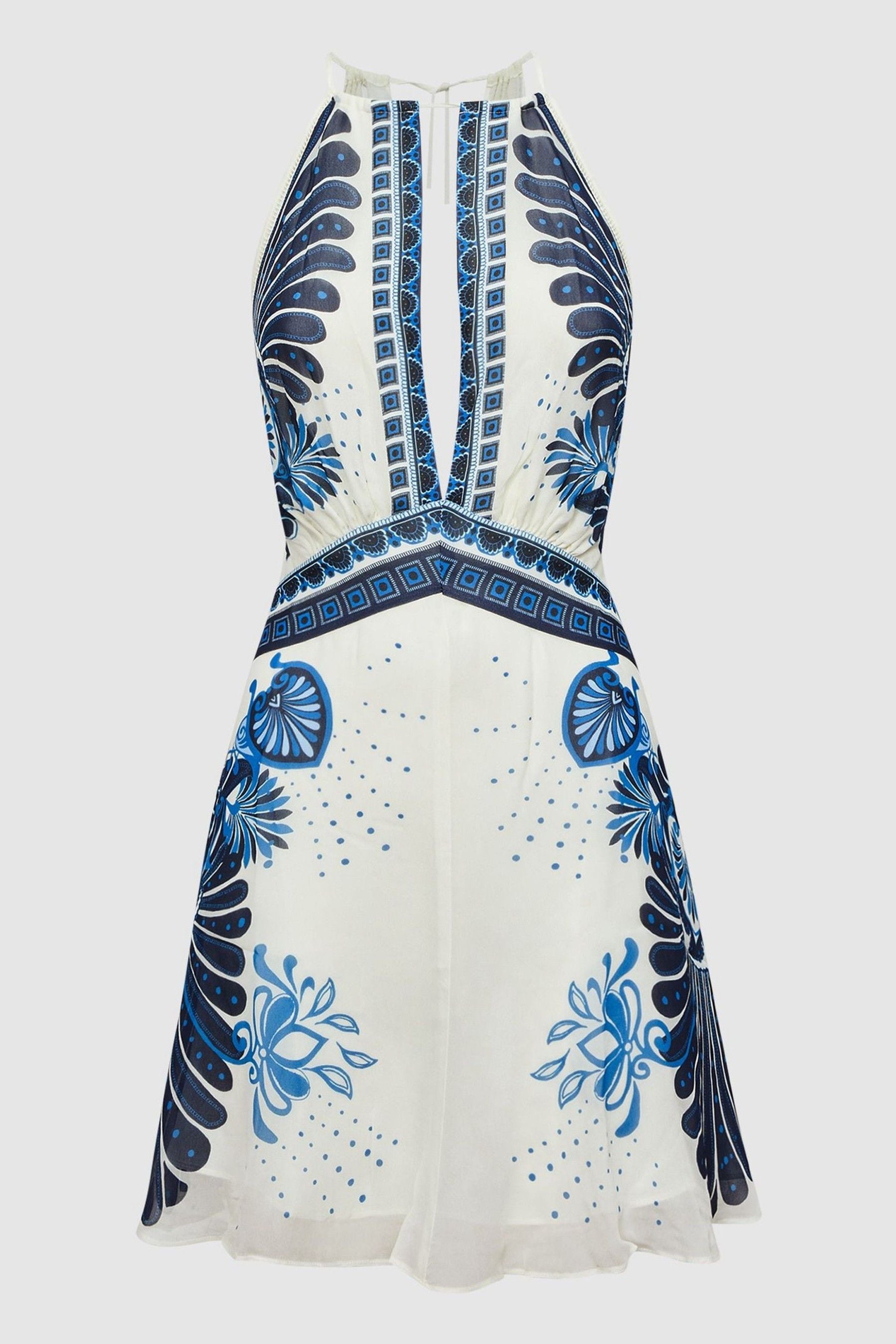 Reiss Blue Brianna Printed Halter Neck Mini Dress