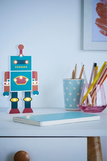glow Blue Wooden Robot Table Lamp
