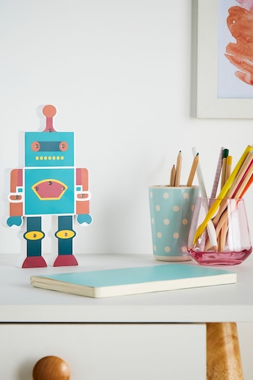 glow Blue Wooden Robot Table Lamp