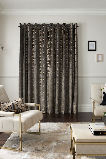 Charcoal Grey Next Collection Luxe Fretwork Heavyweight Velvet Eyelet Lined Curtains