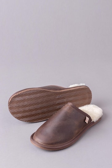 Lakeland Leather Mens Brown Leather Slider Slippers