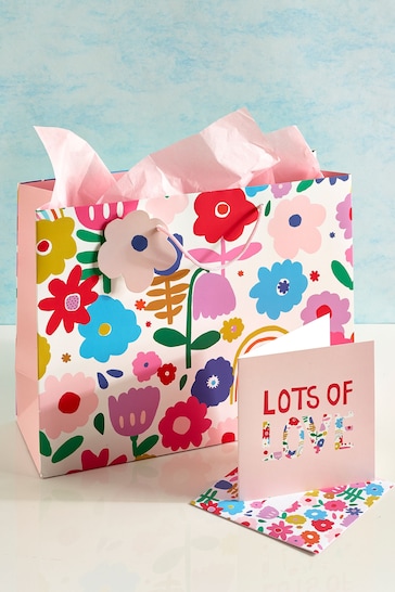 Pink Bright Floral Gift Bag and Card Set