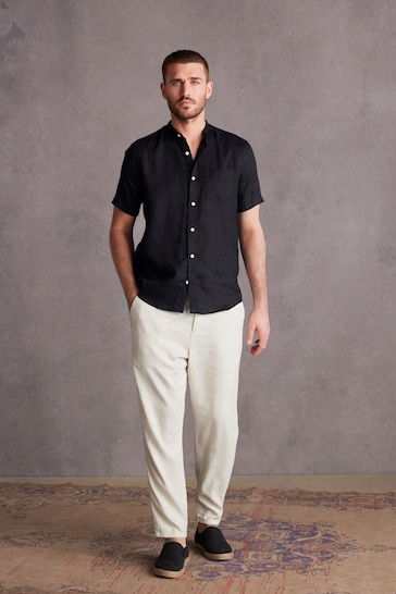 Black Grandad Collar Signature 100% Linen Short Sleeve Shirt