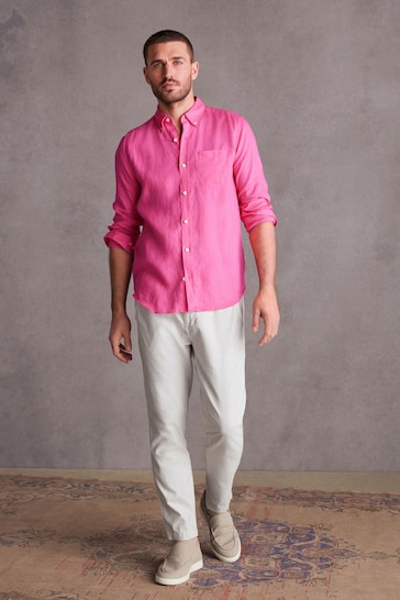 Pink Standard Collar Signature 100% Linen Long Sleeve Shirt