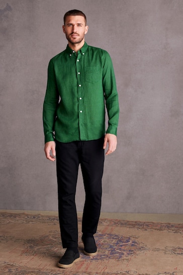 Green Standard Collar Signature 100% Linen Long Sleeve Shirt