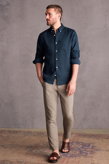 Navy Blue Standard Collar Signature 100% Linen Long Sleeve Shirt